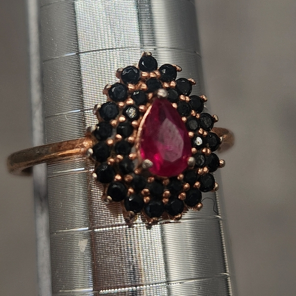 Ruby Pear Halo Ring 6.5 Sterling Silver 925 Black Diamonds Statement Whimsigoth - Picture 5 of 11